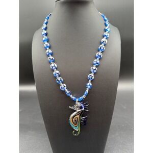 Blue Lampwork Glass Seahorse Pendant Necklace Silver Foil Beads 18 Inch